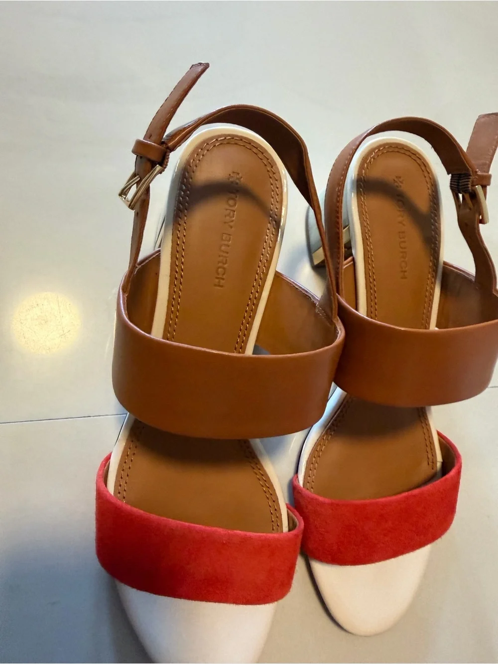 Tory Burch Red Suede & Tan Leather Open-Toe Slingback Sandals